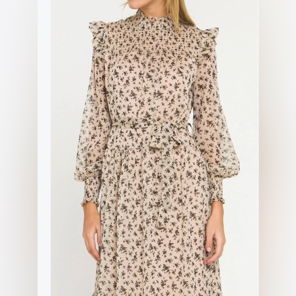 English Factory Beige Floral Maxi Dress with Black Print
